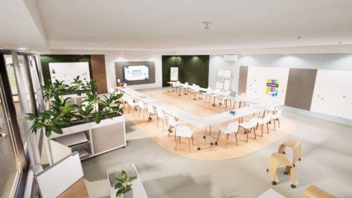 Playroom tools and a Legamaster touch screen in a conference room